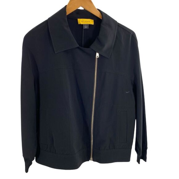 St. John Women’s L Asymmetrical Zipper Bomber Jacket Solid Black Sporty Casual - Picture 1 of 12